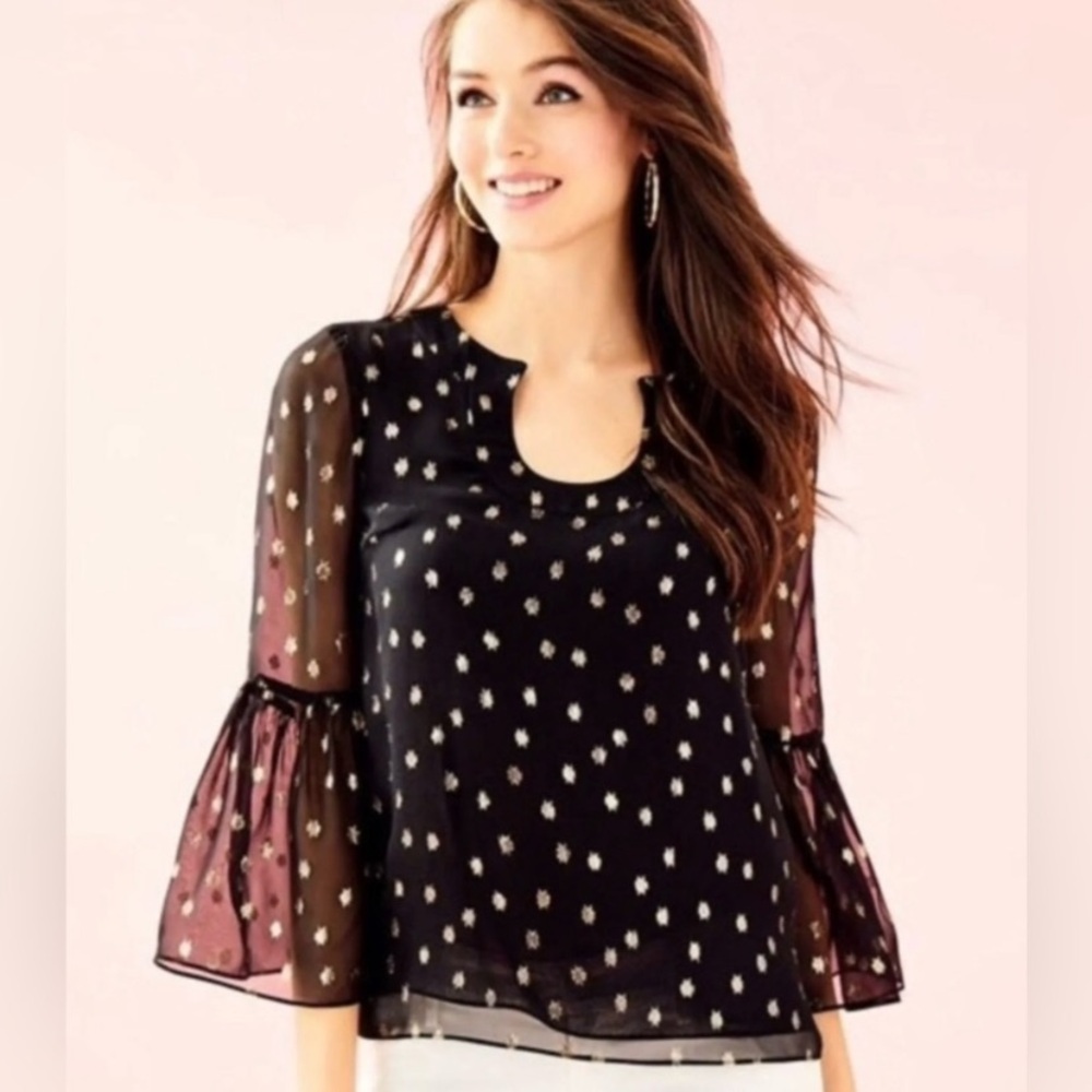 Lilly Pulitzer Amory Pinata Black Starry Clip Silk Blouse Top